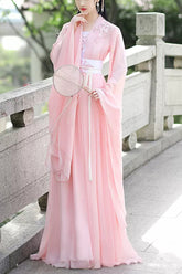 Ensemble complet de robe Hanfu douce pour femmes en dentelle rose brodée